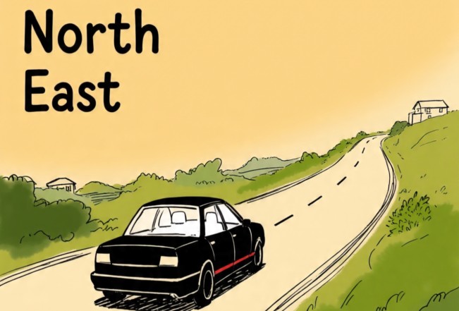 Ilustrasi mobil menuju ke arah Utara dan Timur. [Meta AI/FT News]
